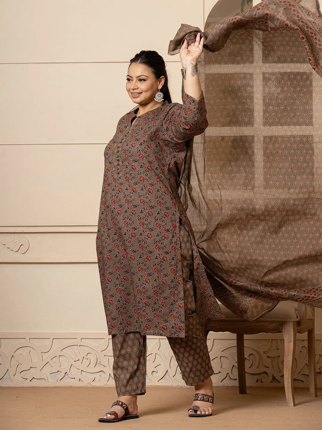 Yufta Cotton Grey Plus Size Kurta Dupatta Pant Set - Distacart