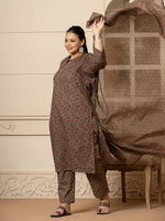 Thumbnail for Yufta Cotton Grey Plus Size Kurta Dupatta Pant Set - Distacart