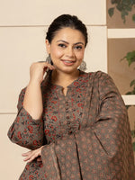 Thumbnail for Yufta Cotton Grey Plus Size Kurta Dupatta Pant Set - Distacart