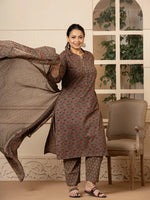 Thumbnail for Yufta Cotton Grey Plus Size Kurta Dupatta Pant Set - Distacart