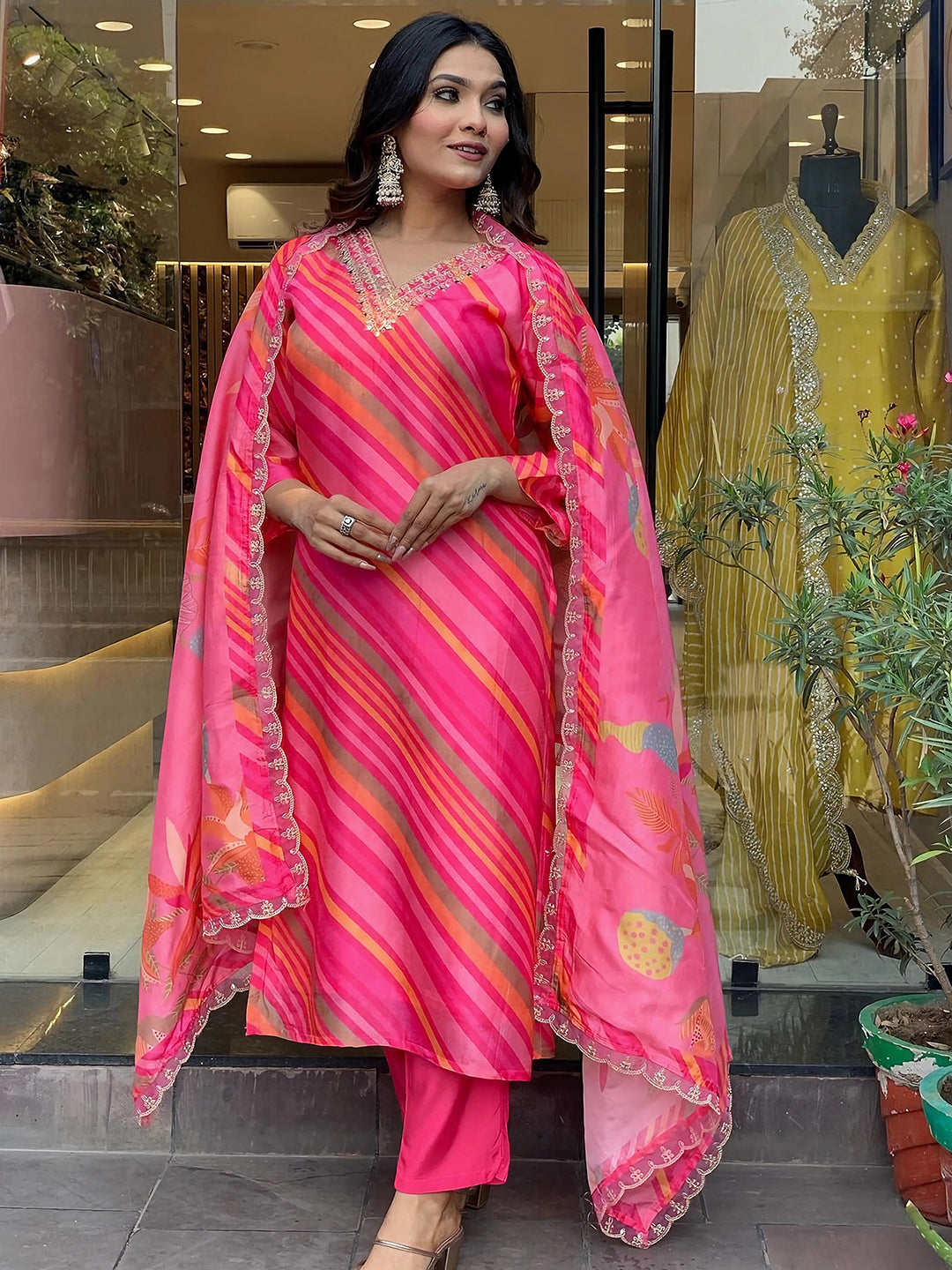 Kalini Leheriya Printed Sequinned Pure Silk Kurta with Trousers & Dupatta - Distacart