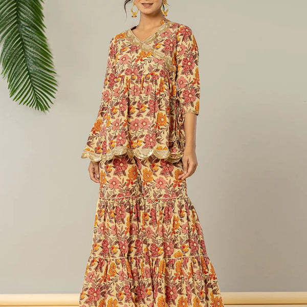 Yufta Beige Cotton Peplum Sharara Co-Ord Set - Distacart