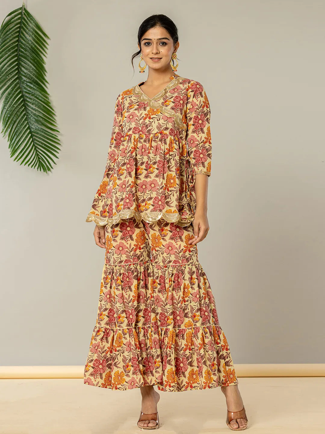 Yufta Beige Cotton Peplum Sharara Co-Ord Set - Distacart