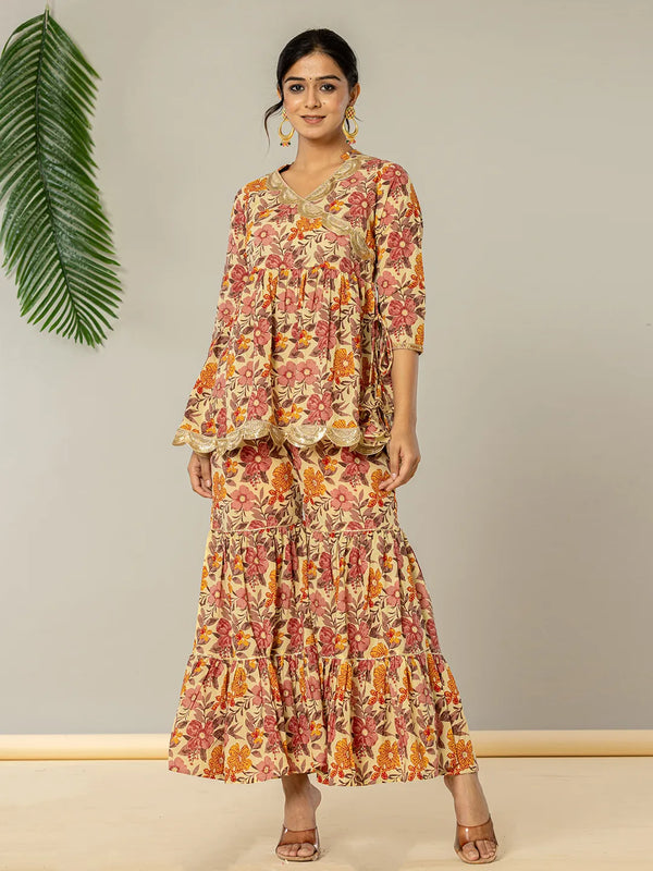 Yufta Beige Cotton Peplum Sharara Co-Ord Set