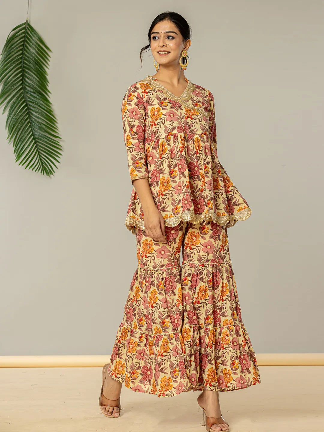 Yufta Beige Cotton Peplum Sharara Co-Ord Set - Distacart