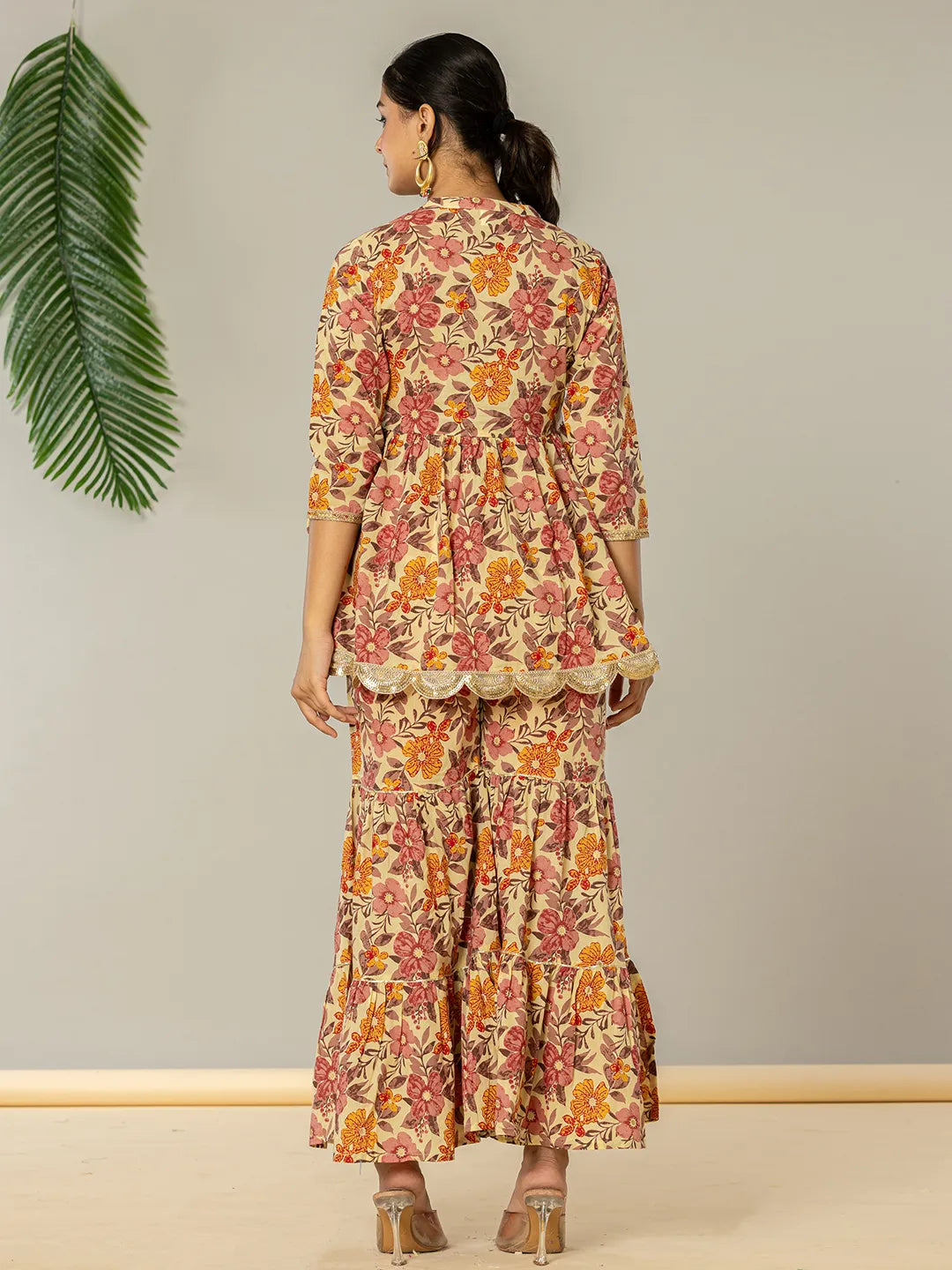 Yufta Beige Cotton Peplum Sharara Co-Ord Set
