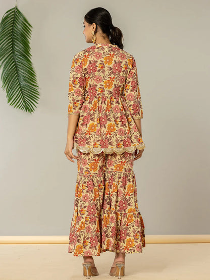 Yufta Beige Cotton Peplum Sharara Co-Ord Set - Distacart