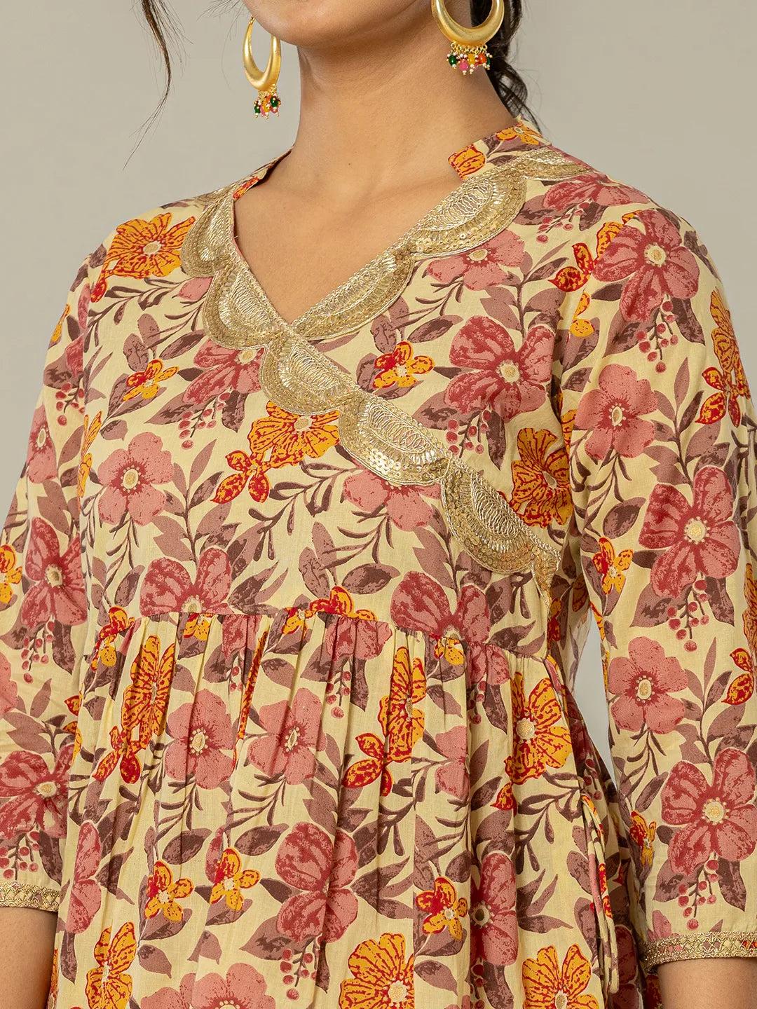 Yufta Beige Cotton Peplum Sharara Co-Ord Set - Distacart