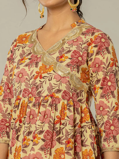 Yufta Beige Cotton Peplum Sharara Co-Ord Set - Distacart