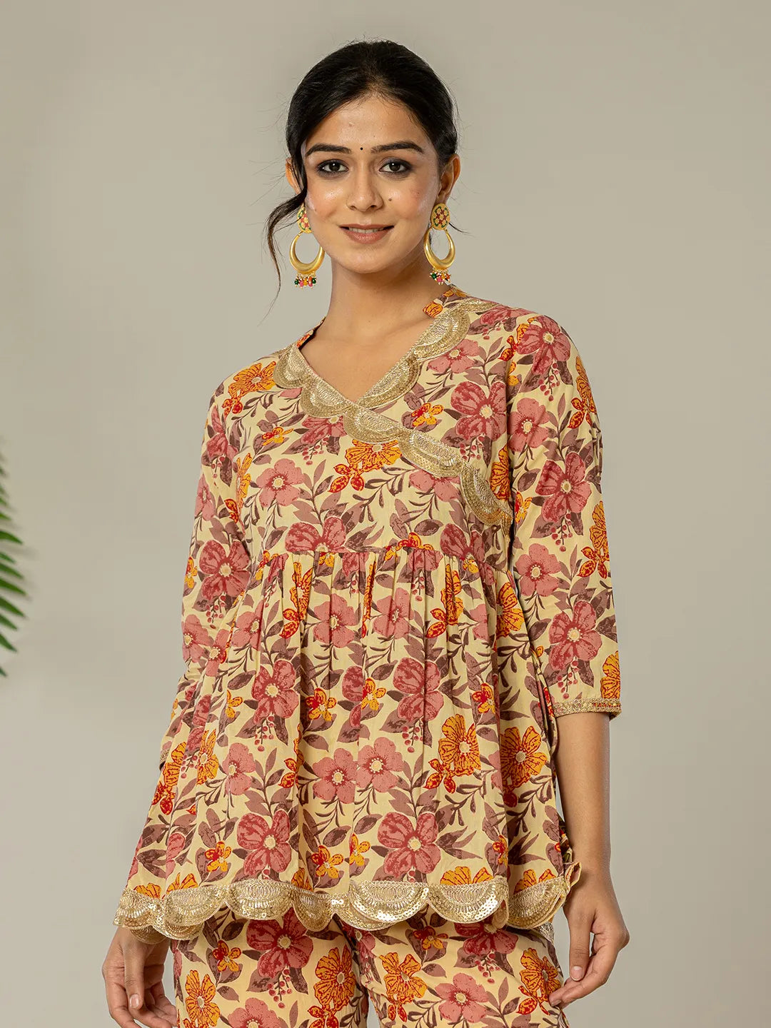 Yufta Beige Cotton Peplum Sharara Co-Ord Set