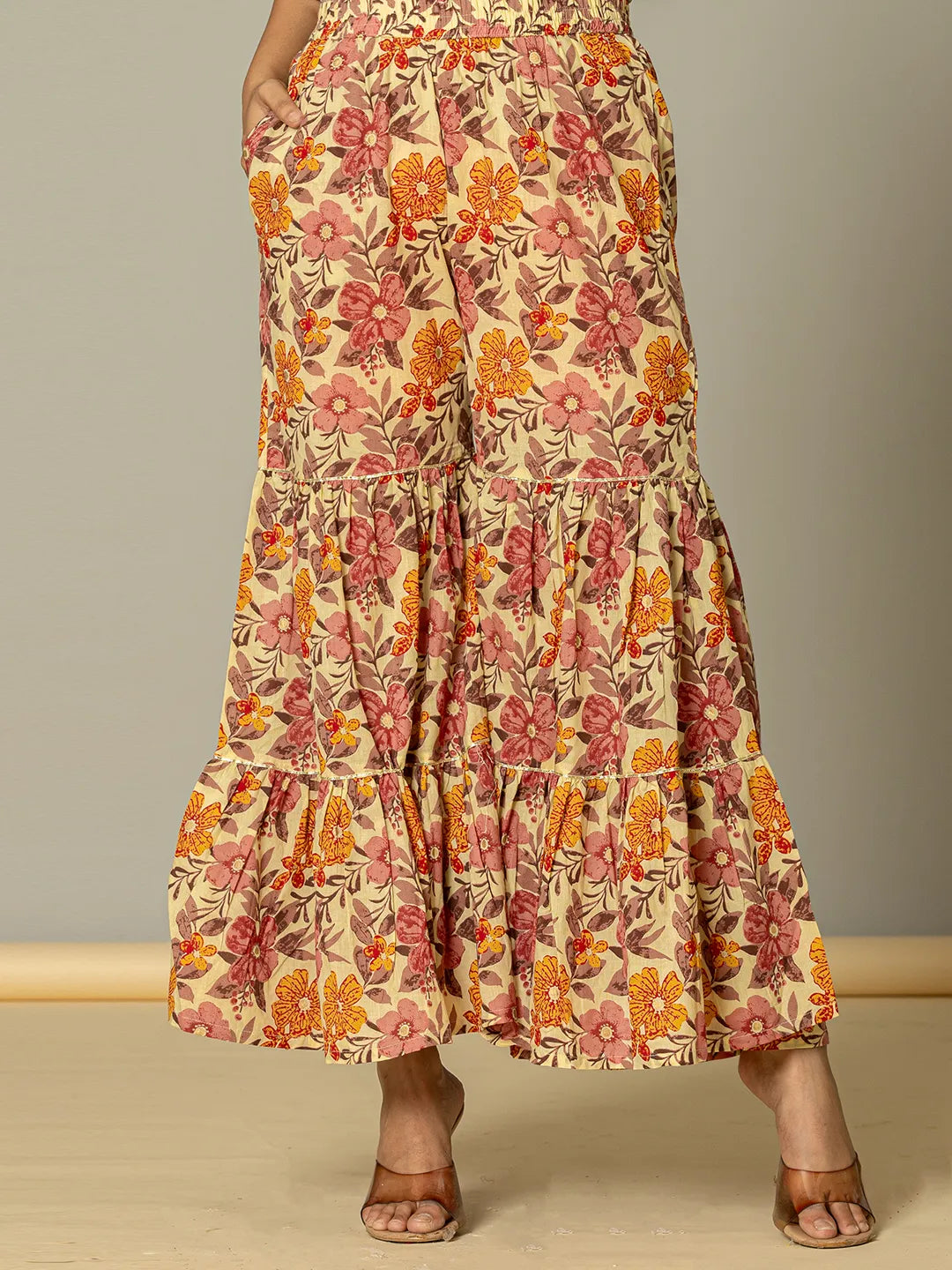 Yufta Beige Cotton Peplum Sharara Co-Ord Set