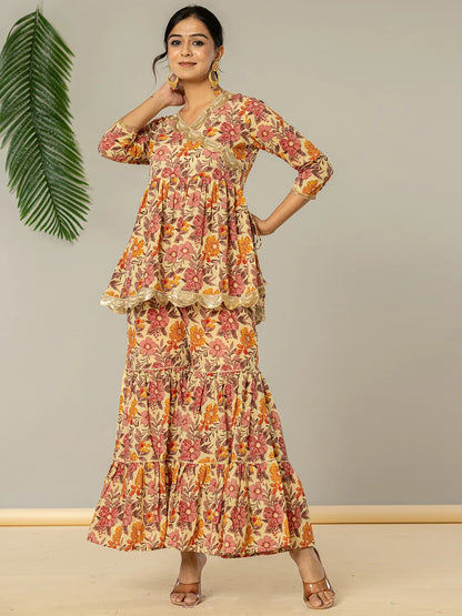 Yufta Beige Cotton Peplum Sharara Co-Ord Set - Distacart