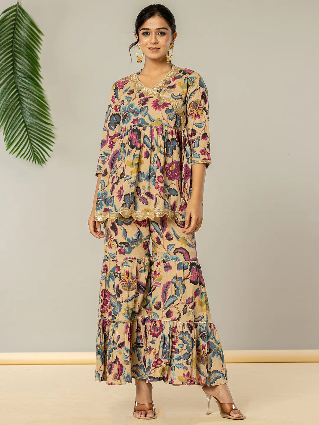 Yufta Multi Cotton Peplum Sharara Co-Ord Set - Distacart