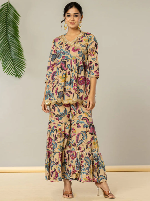 Yufta Multi Cotton Peplum Sharara Co-Ord Set