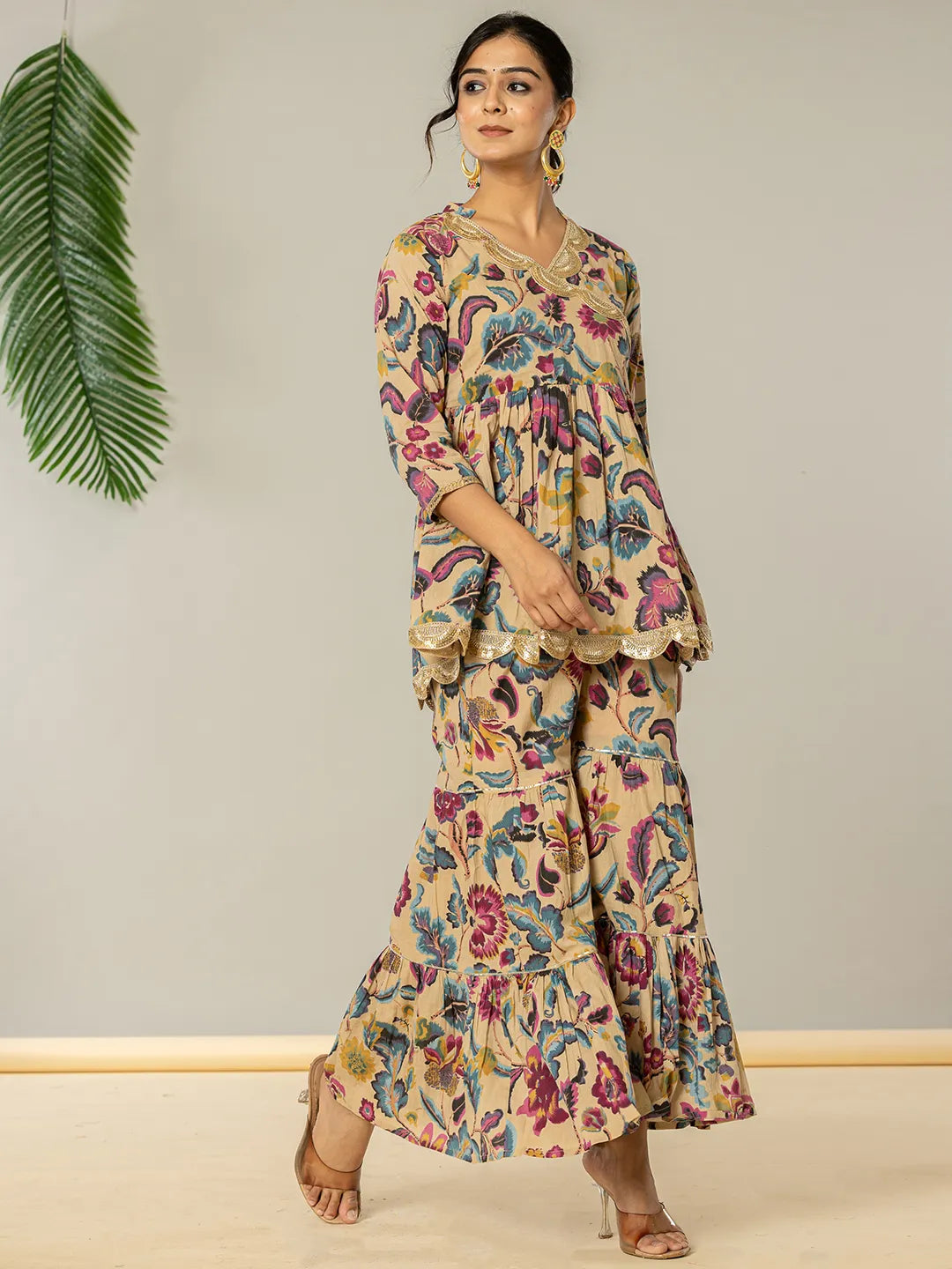 Yufta Multi Cotton Peplum Sharara Co-Ord Set - Distacart