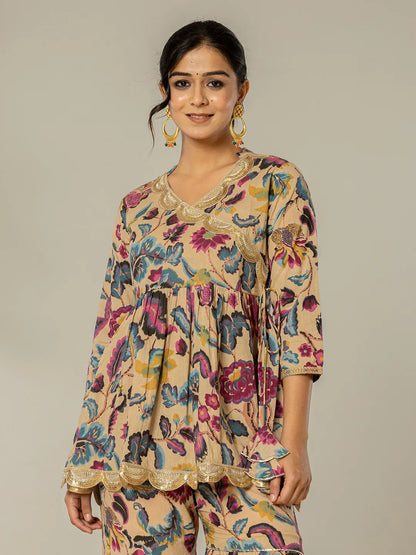 Yufta Multi Cotton Peplum Sharara Co-Ord Set - Distacart