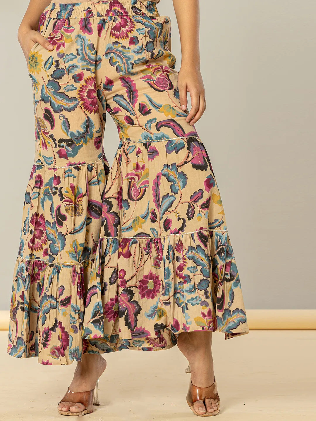 Yufta Multi Cotton Peplum Sharara Co-Ord Set - Distacart