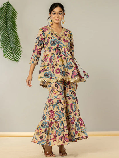 Yufta Multi Cotton Peplum Sharara Co-Ord Set - Distacart