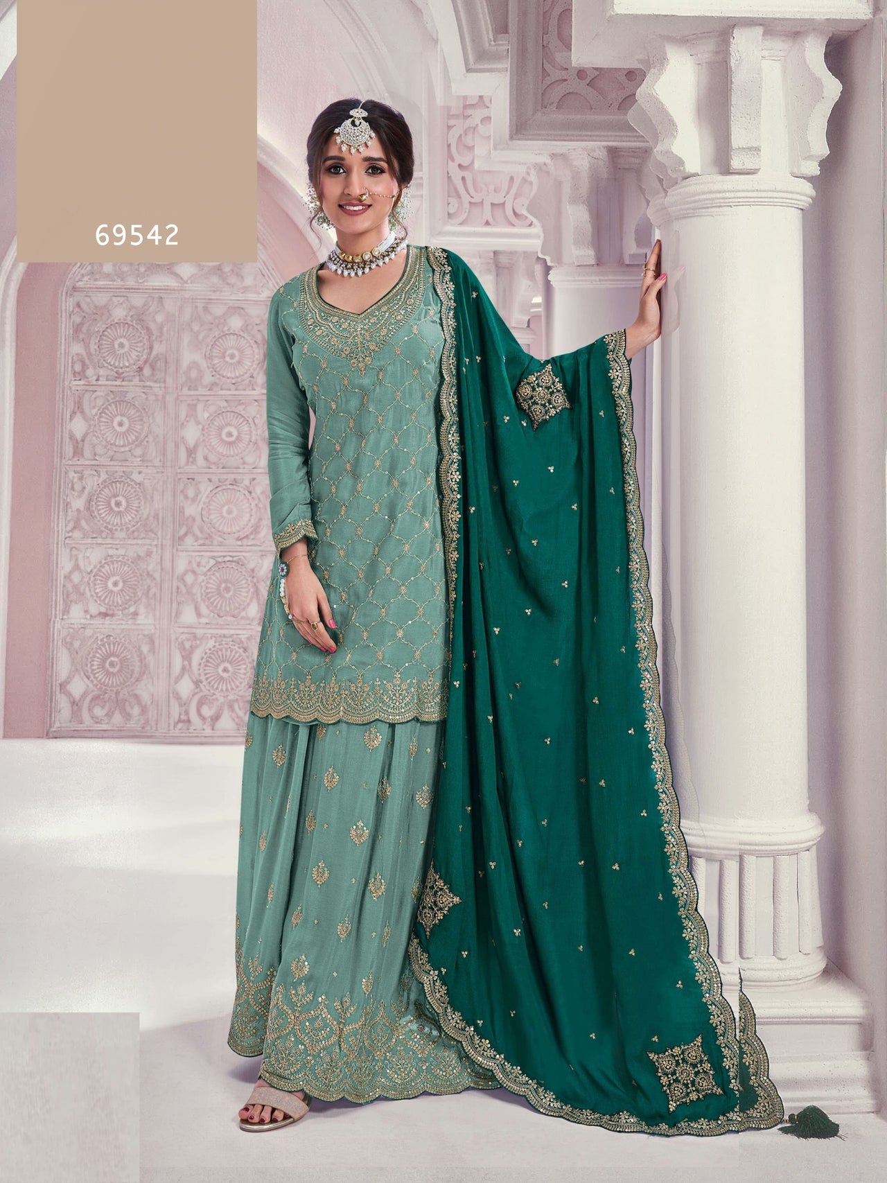 Anaita Sky Blue Chinon Sequence Embroidered Readymade Salwar Suit - Distacart