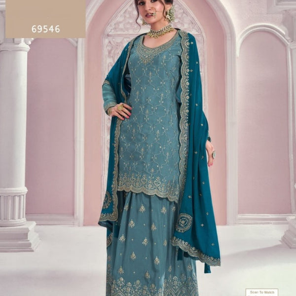 Anaita Blue Chinon Sequence Embroidered Readymade Salwar Suit - Distacart