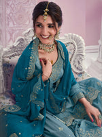 Thumbnail for Anaita Blue Chinon Sequence Embroidered Readymade Salwar Suit - Distacart