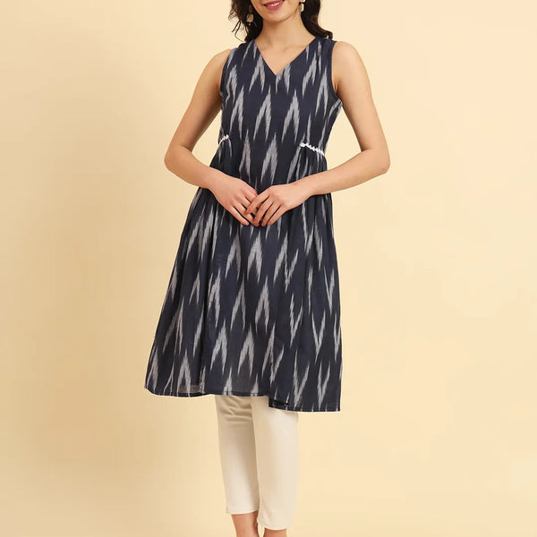 Yufta Ikat Cotton Blue Workwear Kurta With Lace Detailing - Distacart
