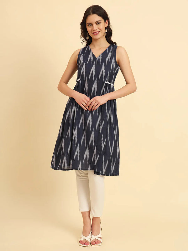 Yufta Ikat Cotton Blue Workwear Kurta With Lace Detailing