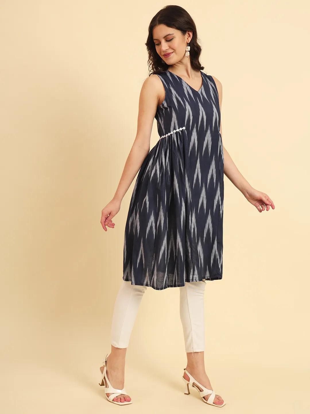 Yufta Ikat Cotton Blue Workwear Kurta With Lace Detailing - Distacart