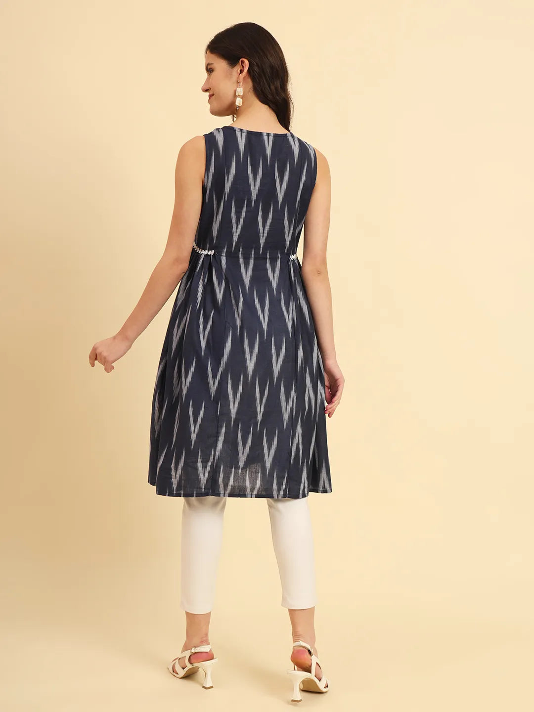 Yufta Ikat Cotton Blue Workwear Kurta With Lace Detailing - Distacart