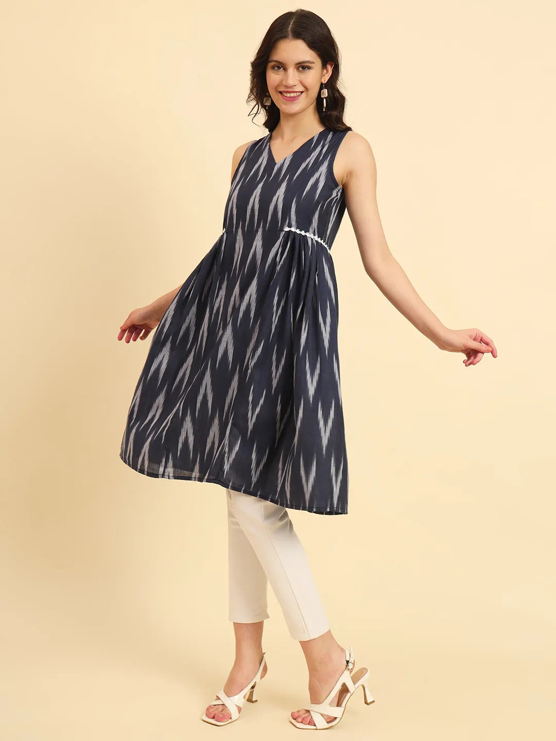 Yufta Ikat Cotton Blue Workwear Kurta With Lace Detailing