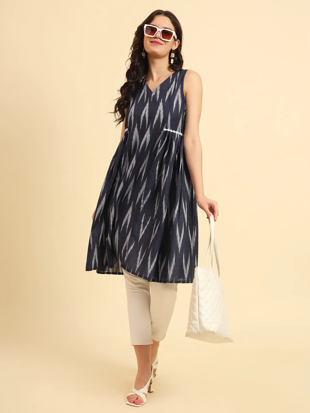 Yufta Ikat Cotton Blue Workwear Kurta With Lace Detailing - Distacart