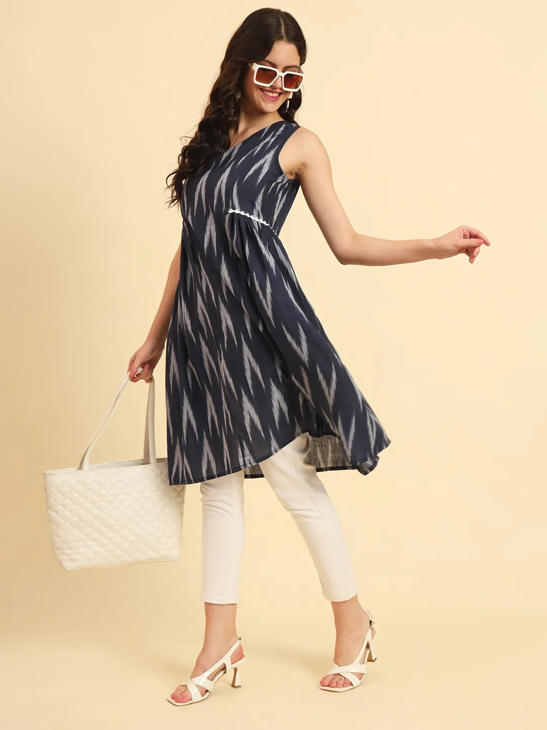 Yufta Ikat Cotton Blue Workwear Kurta With Lace Detailing