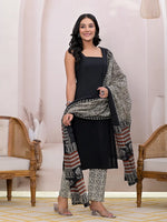 Thumbnail for Yufta Black & Beige Pure Cotton Straight Kurta Dupatta Set - Distacart