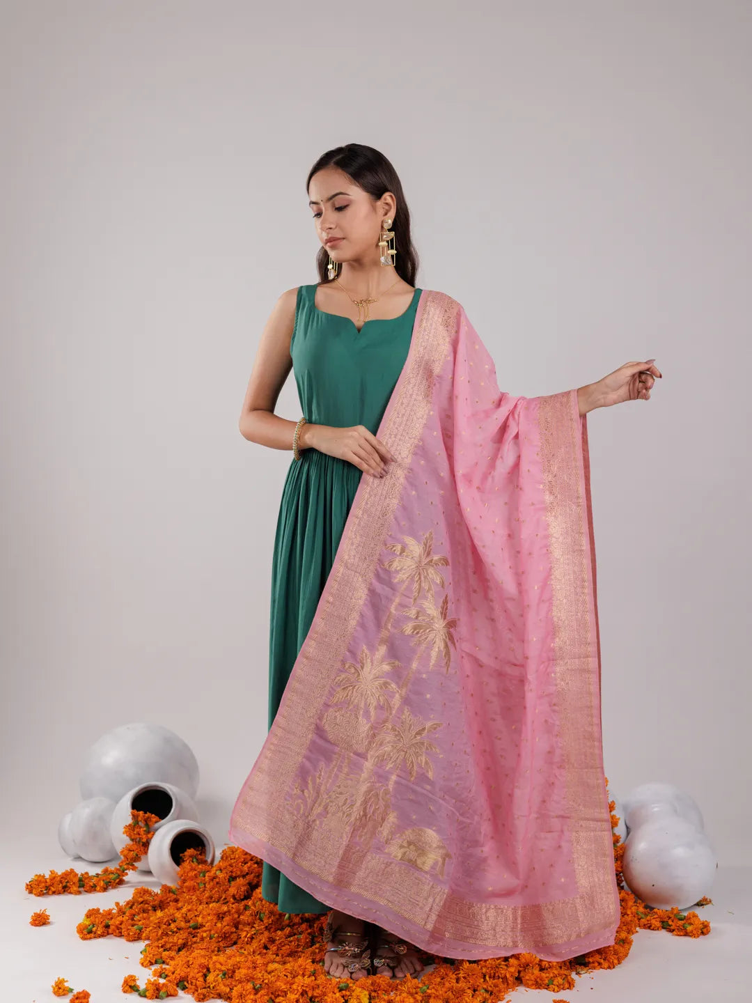 Yufta Green Solid Silk Blend Anarkali Kurta Trouser & Dupatta - Distacart