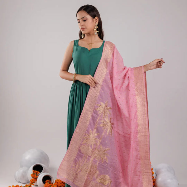 Yufta Green Solid Silk Blend Anarkali Kurta Trouser & Dupatta - Distacart