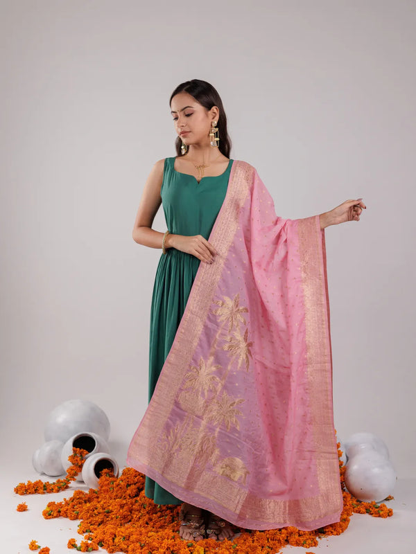 Yufta Green Solid Silk Blend Anarkali Kurta Trouser & Dupatta