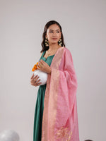 Thumbnail for Yufta Green Solid Silk Blend Anarkali Kurta Trouser & Dupatta