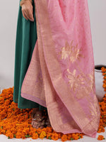 Thumbnail for Yufta Green Solid Silk Blend Anarkali Kurta Trouser & Dupatta