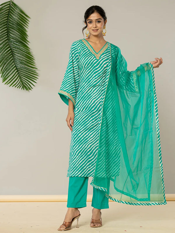 Yufta Teal Green Leheriya Print Cotton Straight Suit Set