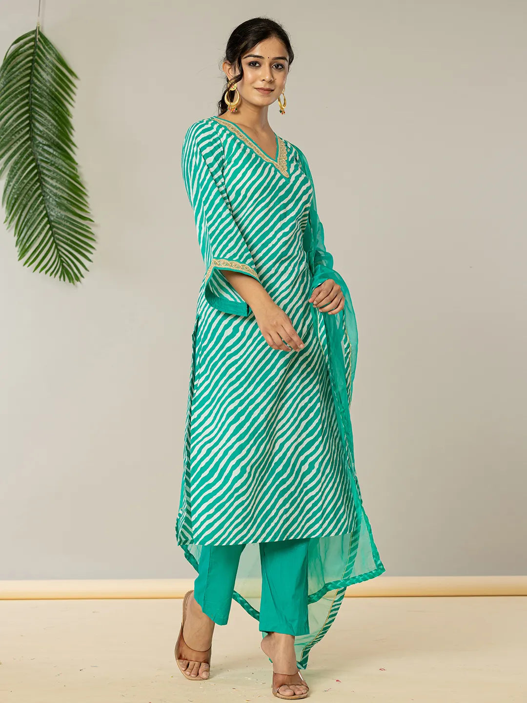 Yufta Teal Green Leheriya Print Cotton Straight Suit Set - Distacart