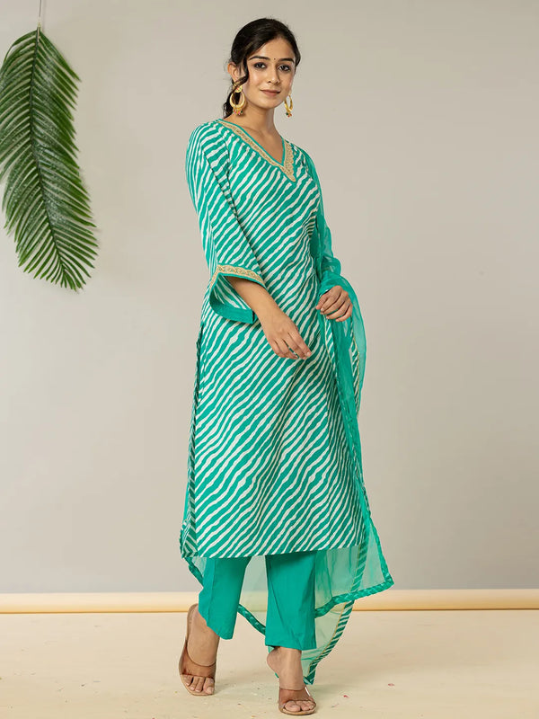 Yufta Teal Green Leheriya Print Cotton Straight Suit Set