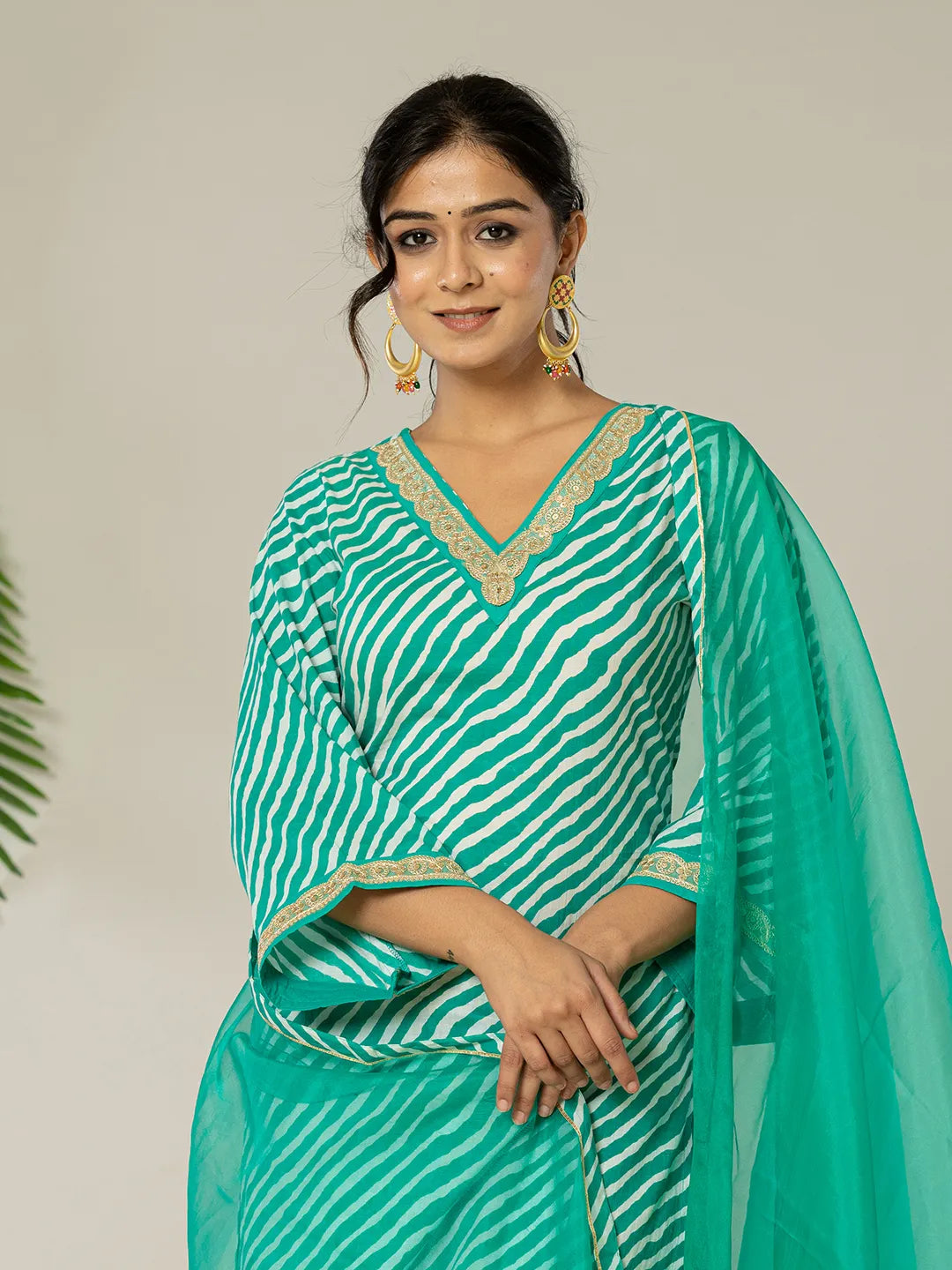 Yufta Teal Green Leheriya Print Cotton Straight Suit Set