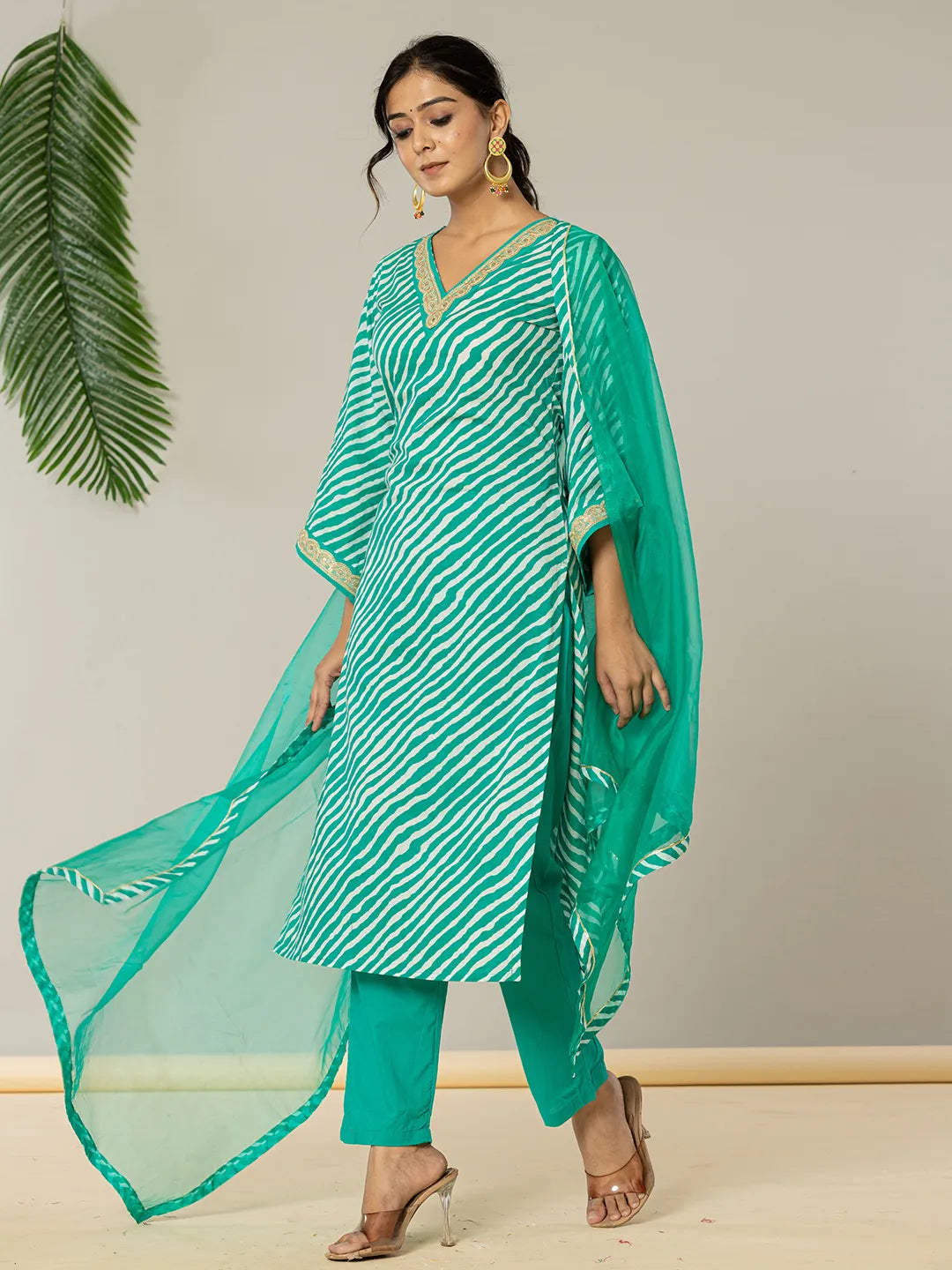 Yufta Teal Green Leheriya Print Cotton Straight Suit Set