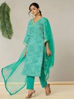 Thumbnail for Yufta Teal Green Leheriya Print Cotton Straight Suit Set