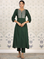 Thumbnail for Ode by House of Pataudi Round Neck Thread Work Kurta - Distacart