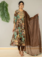 Thumbnail for Yufta Brown Floral Print Mulmul Fit And Flare Suit Set