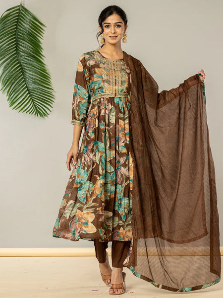 Yufta Brown Floral Print Mulmul Fit And Flare Suit Set