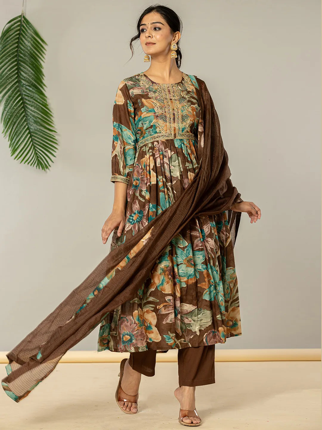 Yufta Brown Floral Print Mulmul Fit And Flare Suit Set - Distacart