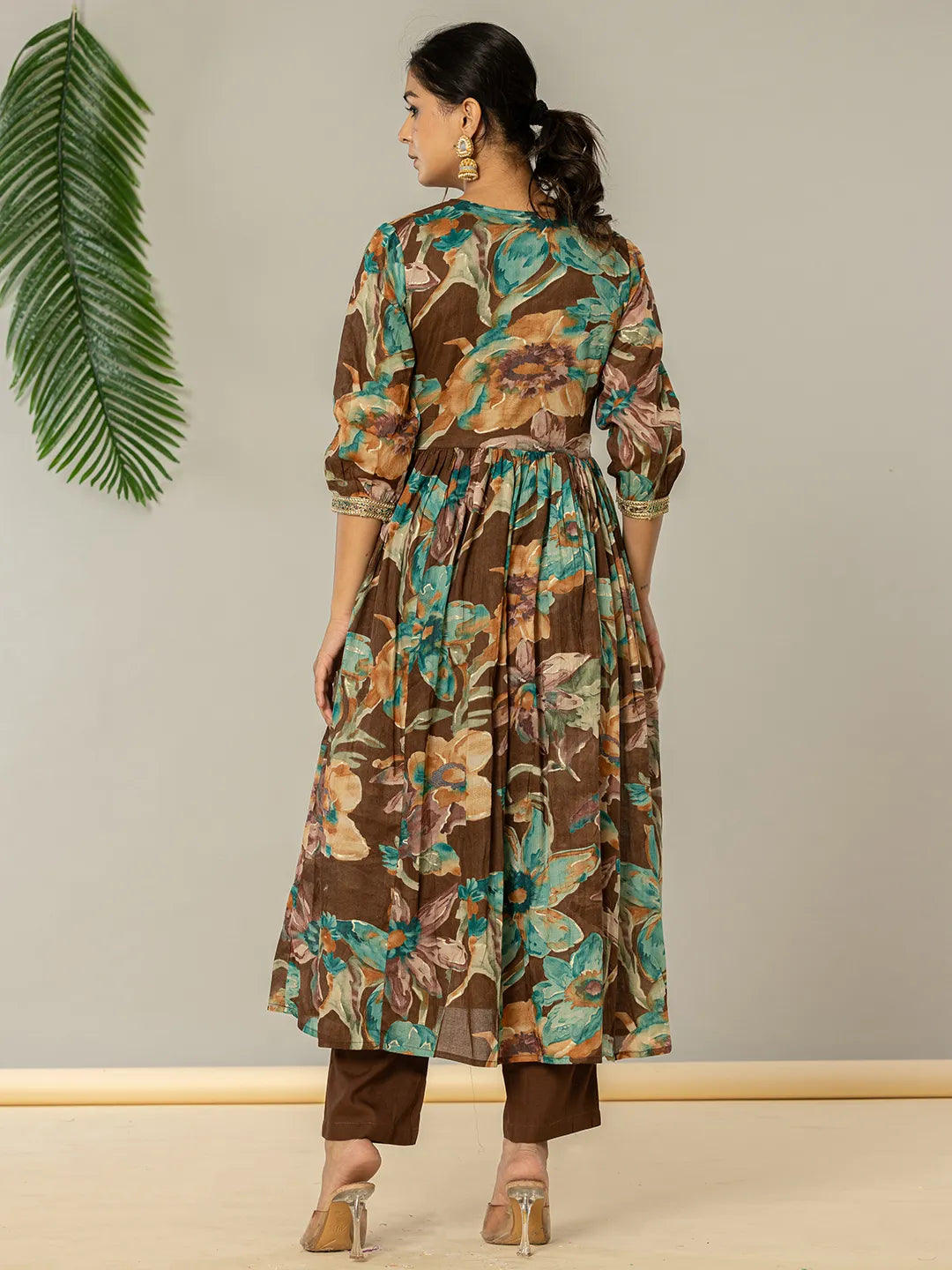 Yufta Brown Floral Print Mulmul Fit And Flare Suit Set