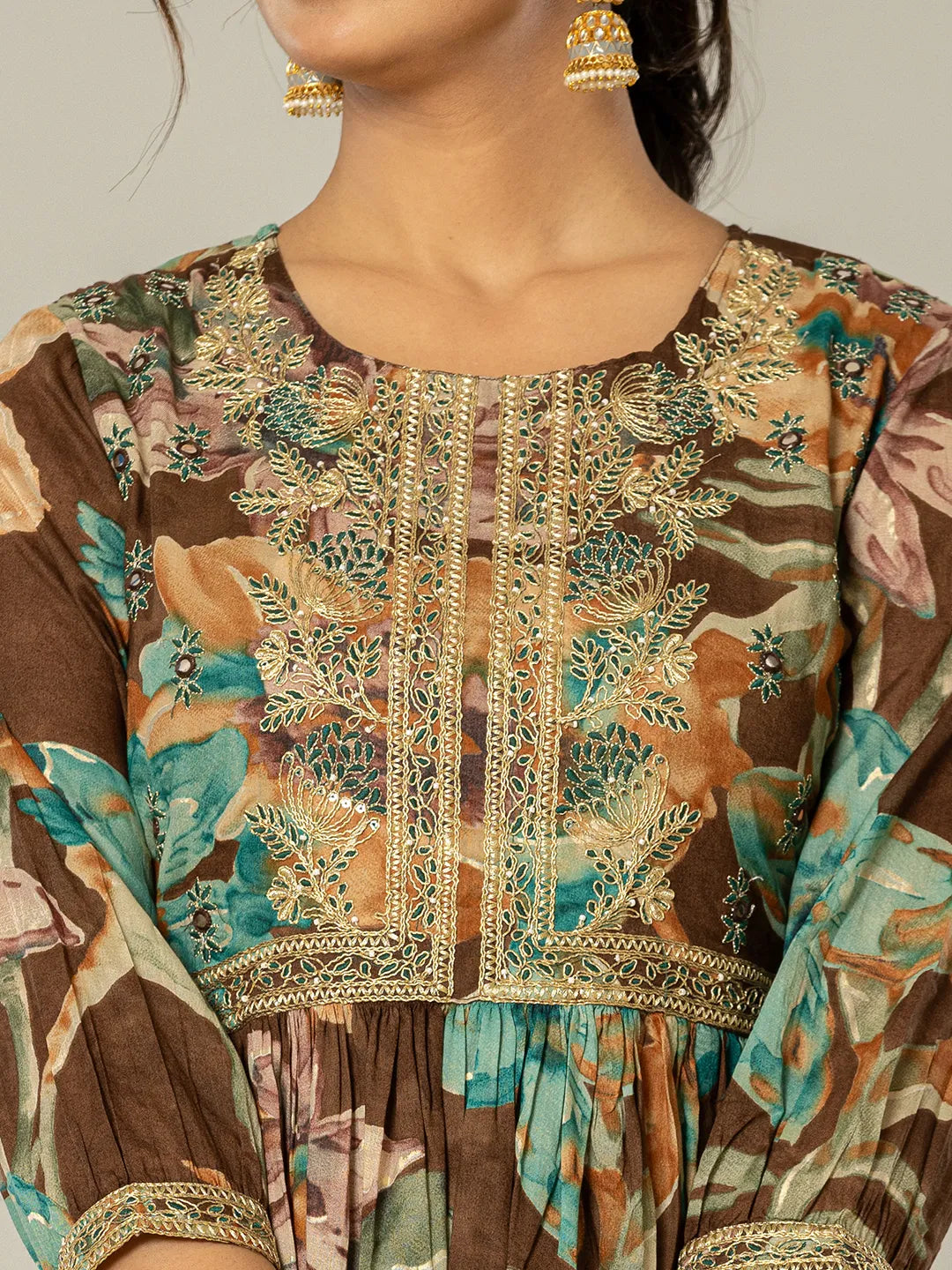 Yufta Brown Floral Print Mulmul Fit And Flare Suit Set